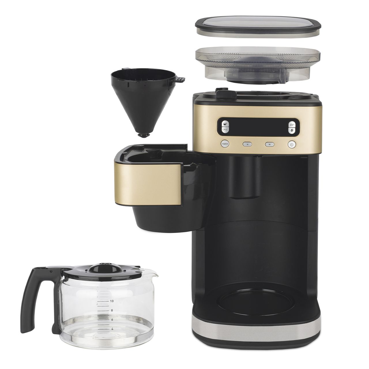 H.Koenig Filterkaffeemaschine mit Mahlwerk MGX90, abnehmbarer Wassertank 1.4L, Bohnenbehälter 180g Champagner, Schwarz