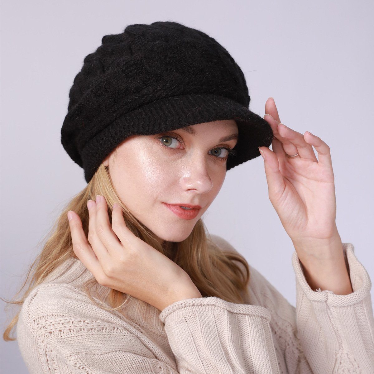 Blusmart Strickmütze Strickmütze Schirmmütze (Strickmütze Warm gefütterte Wintermütze Strickmütze Beanie, Baskenmütze mit 8 Charakteren, gedrehter Hut) Gestrickte Schirmmütze für Damen im Herbst und Winter