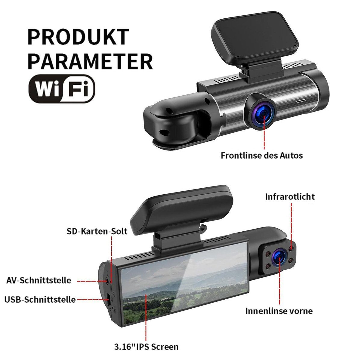 Yoyaxi Zweilinsen-Autokamera für 24-Stunden-Überwachung Dashcam (Nachtsicht, Bewegungserkennung, Parkmodus für Unfallaufzeichnungen)