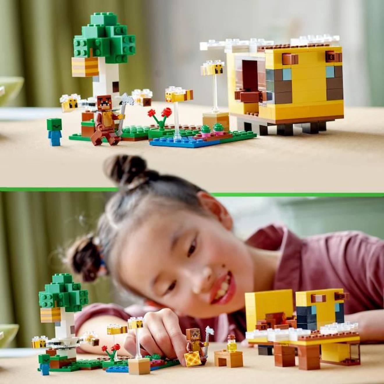 LEGO Minecraft 21241 La Cabane Abeille, Jouet, Ferme avec Maison, Zombie et Figurines Animaux blanc