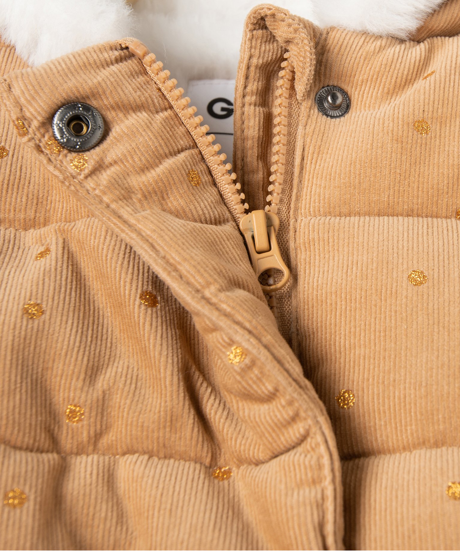 Parka bébé fille en velours ctelé à pois dorés avec écharpe douce