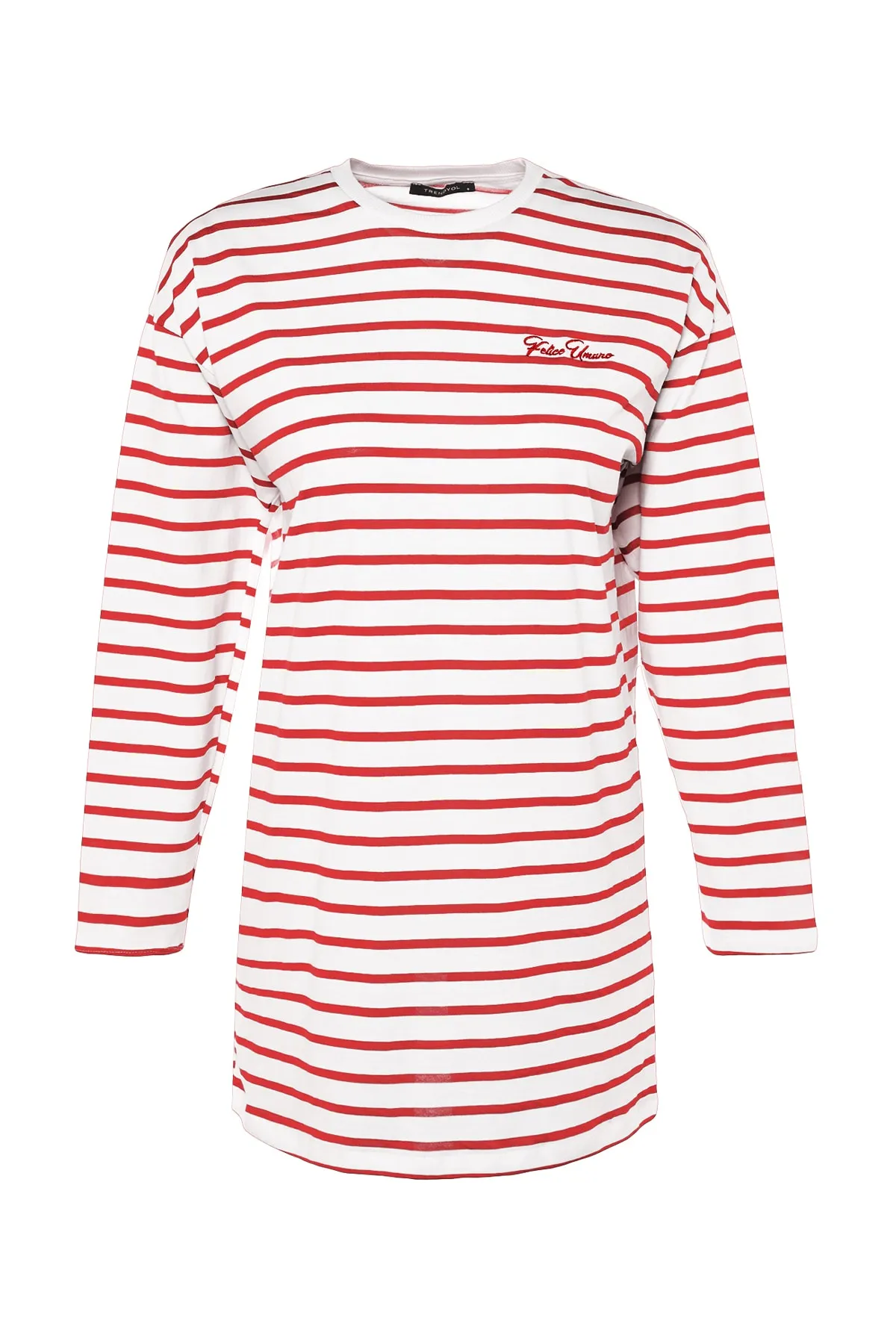 Trendyol Modest  Rote gestreifte Stricktunika mit Stickereidetail TCTSS23UK00034