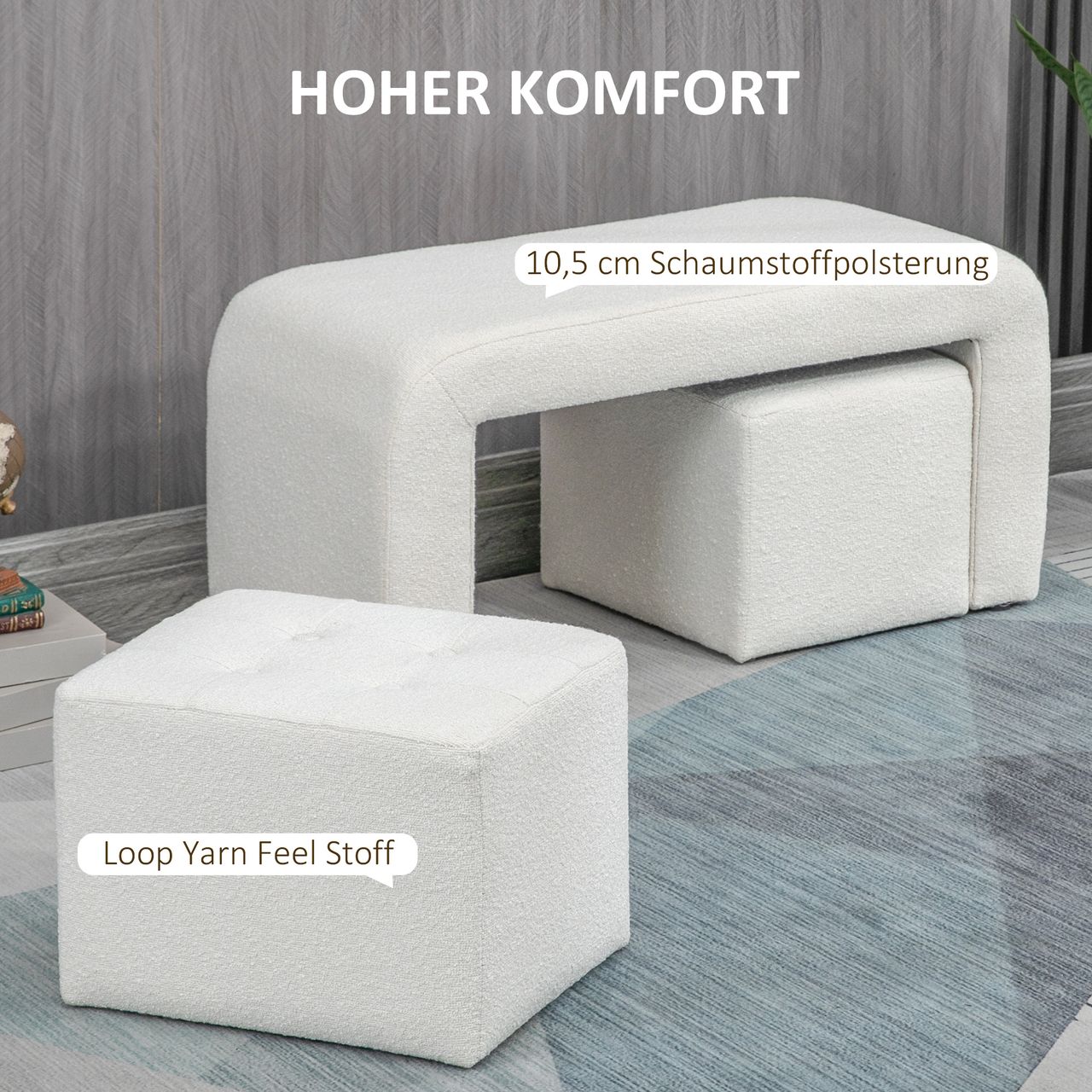 HOMCOM Fußhocker 3 tlg.,Sitzhocker, Ottomane mit 3 Hockern, Fußstütze, Weiß