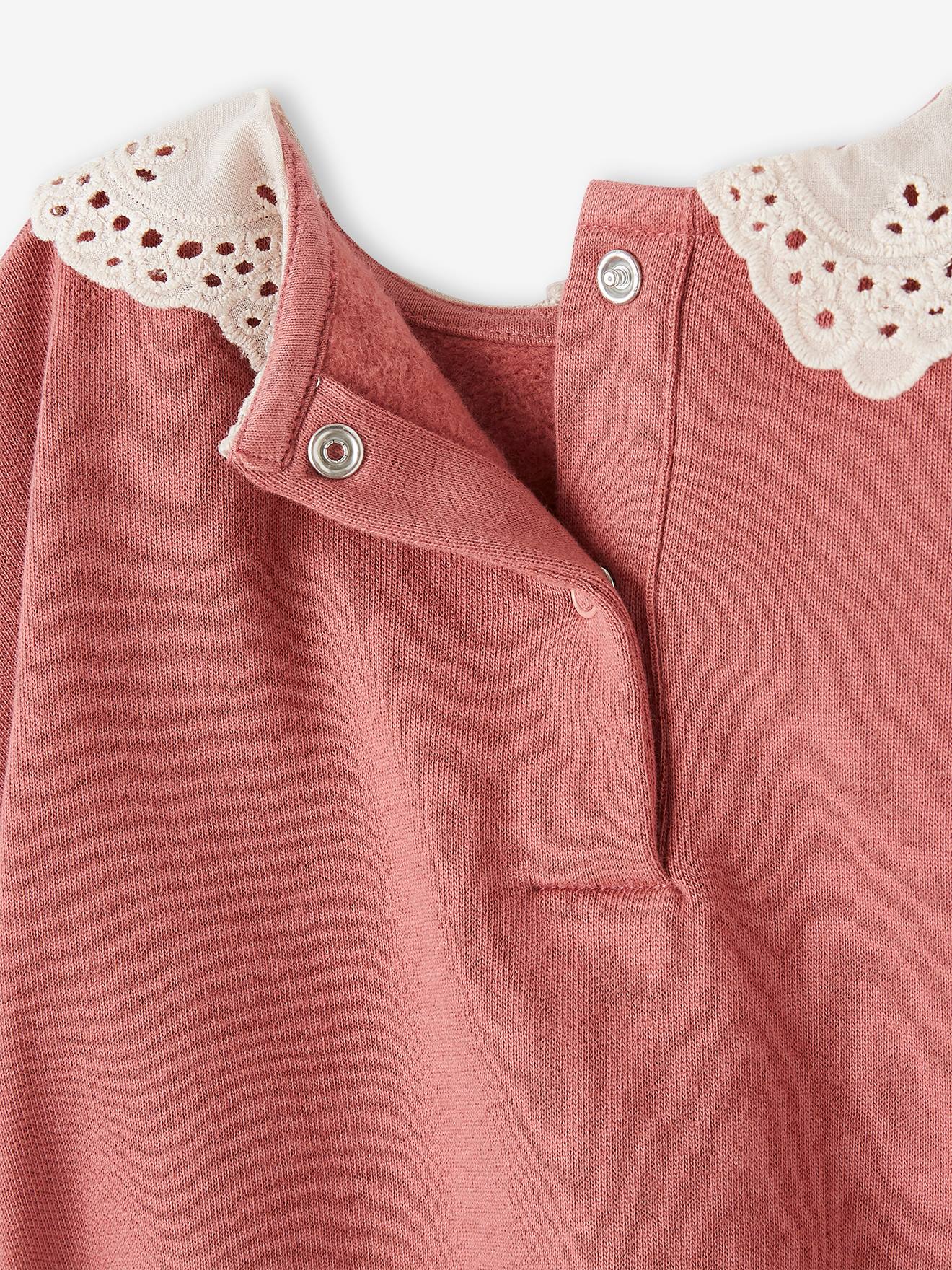 Sweat en molleton bébé col en broderie anglaise bois de rose