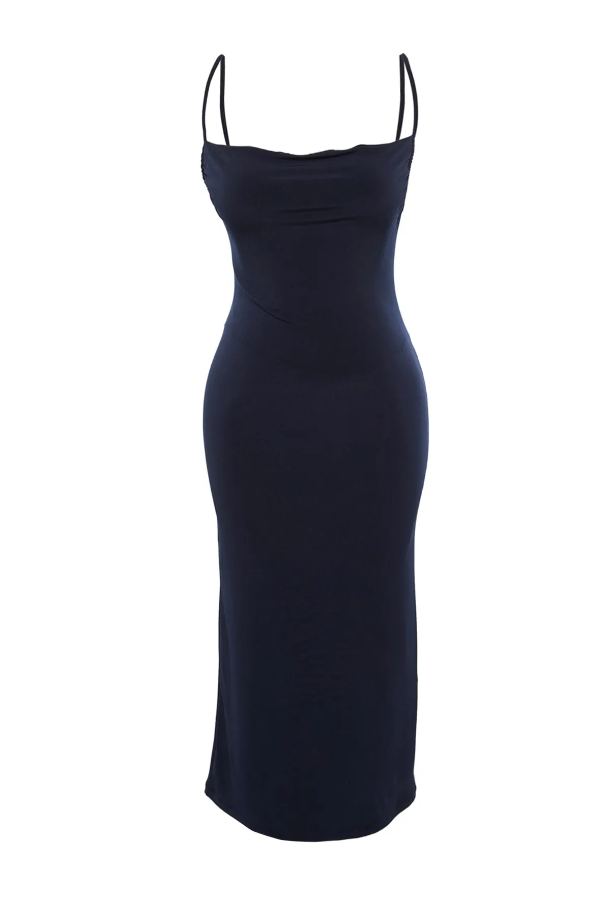 Trendyol Collection  Marineblaues, tailliertes Midi-Bleistiftkleid aus flexiblem Strick mit Degaje-Kragen und Midi-Trägern TWOSS19AD0020