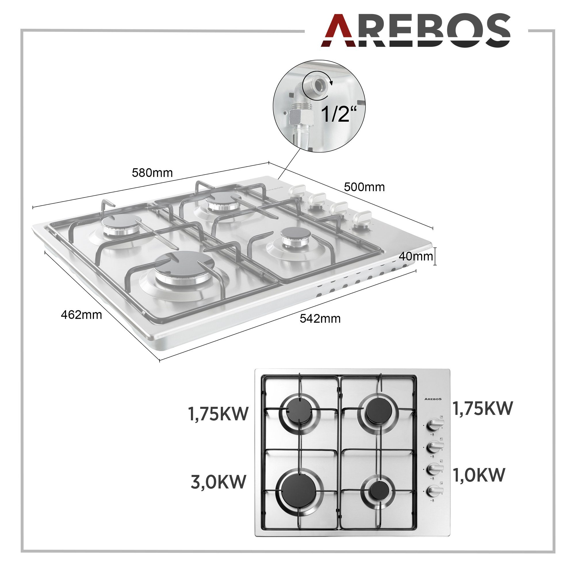 Arebos Gas-Kochfeld Gasherd AR-HE-GH58, Edelstahl, Geeignet für Erdgas oder Propangas, Gasherd, Gaskocher