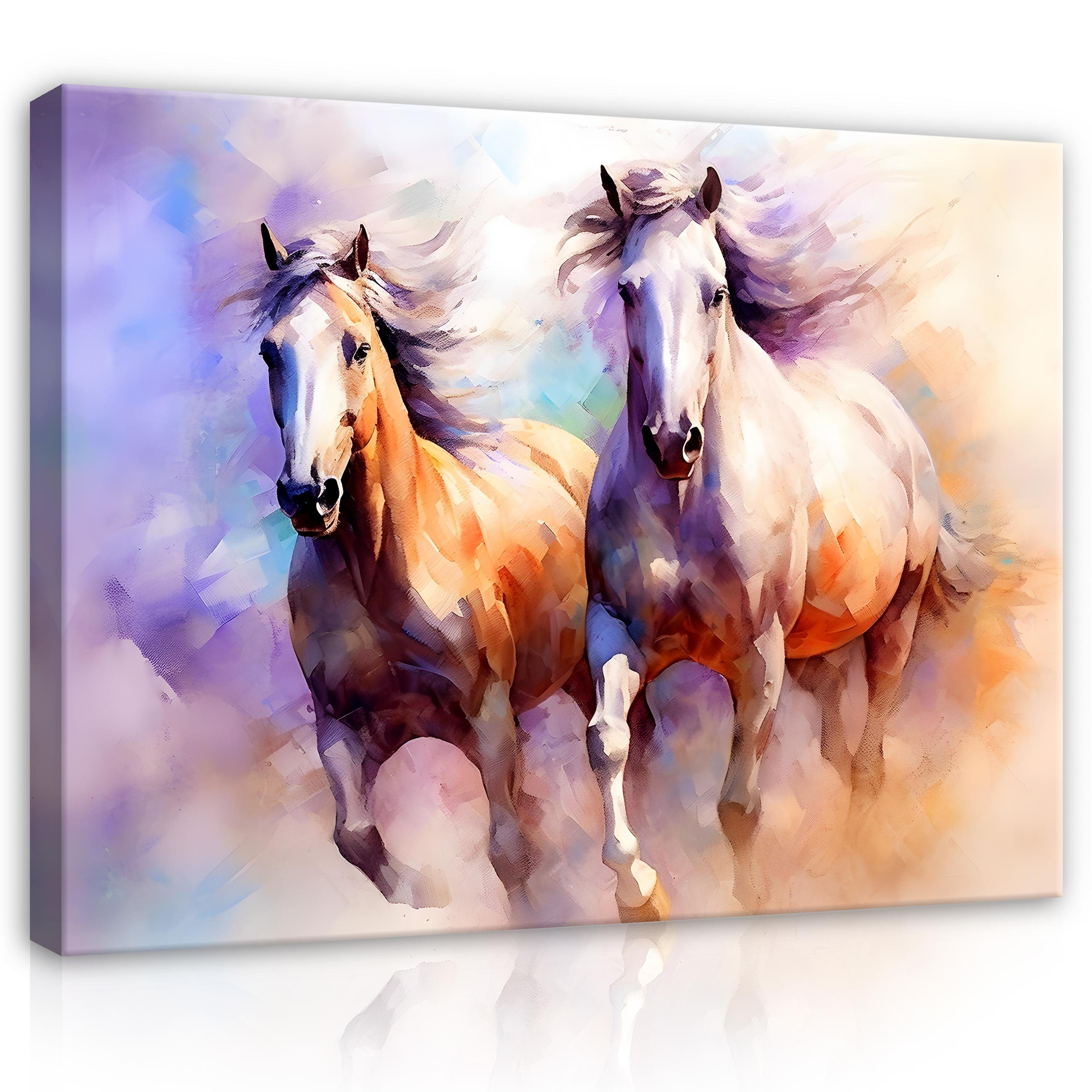 Wallarena Leinwandbild Pferde Aquarell Gemalt Tiere Kunst Wandbild XXL Leinwandbilder Modern, Kinder (Einteilig, 1 St), Leinwandbild Leinwand Bilder Bild Groß Aufhängefertig