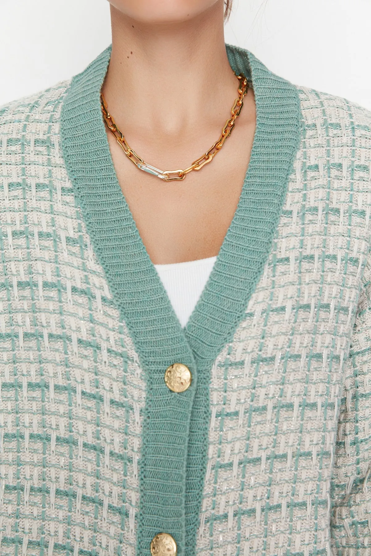 Trendyol Collection  Mintfarbene, weite Strickjacke in Tweed-Optik mit Glitzer TWOAW21HI0250