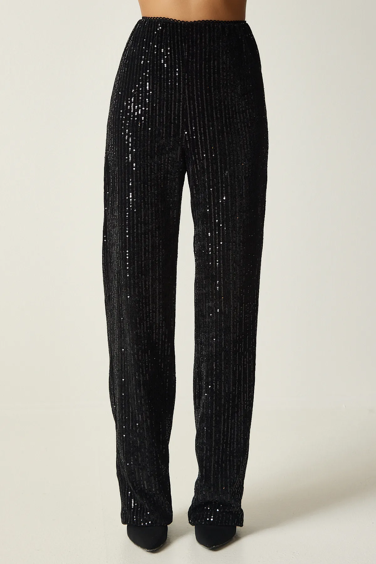 Happiness İstanbul  Schwarze Palazzo-Hose mit Pailletten für Damen MC00250