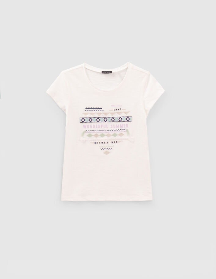 T-shirt blanc cassé coeur broderies ethniques fille
