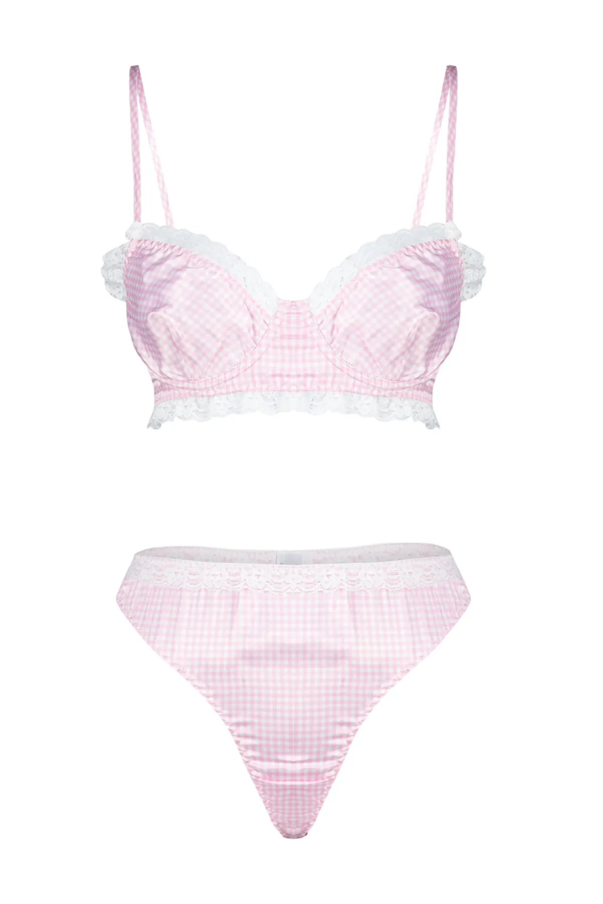 Trendyol Collection  Rosa Satin-Unterwäscheset mit karierter Spitze und Seilriemen, ohne Verschluss, THMSS24CC00027