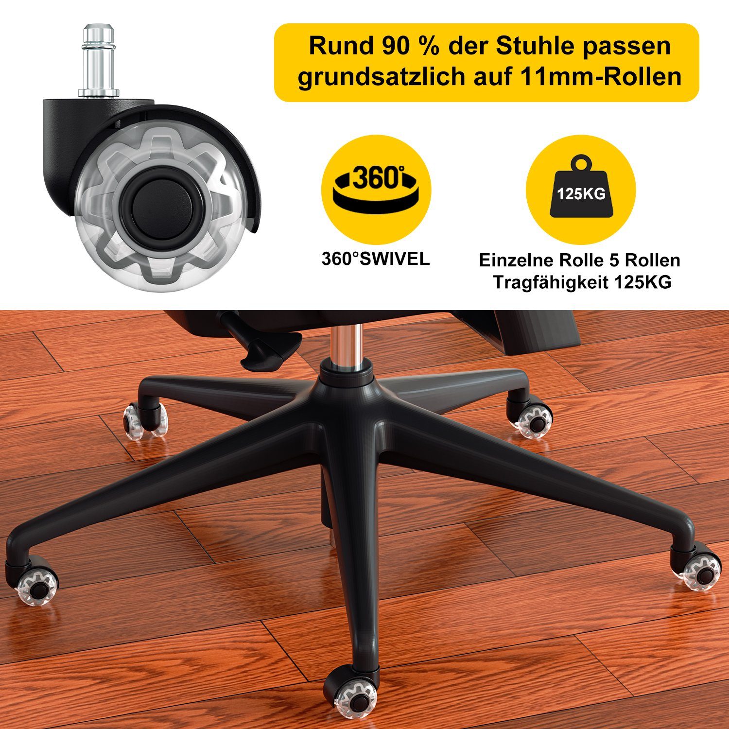 Lospitch Stuhlrolle 5 Bürostuhlrollen,11x22mm,Hartbodenrollen Teppichboden Kacheln,leise, (5-St)