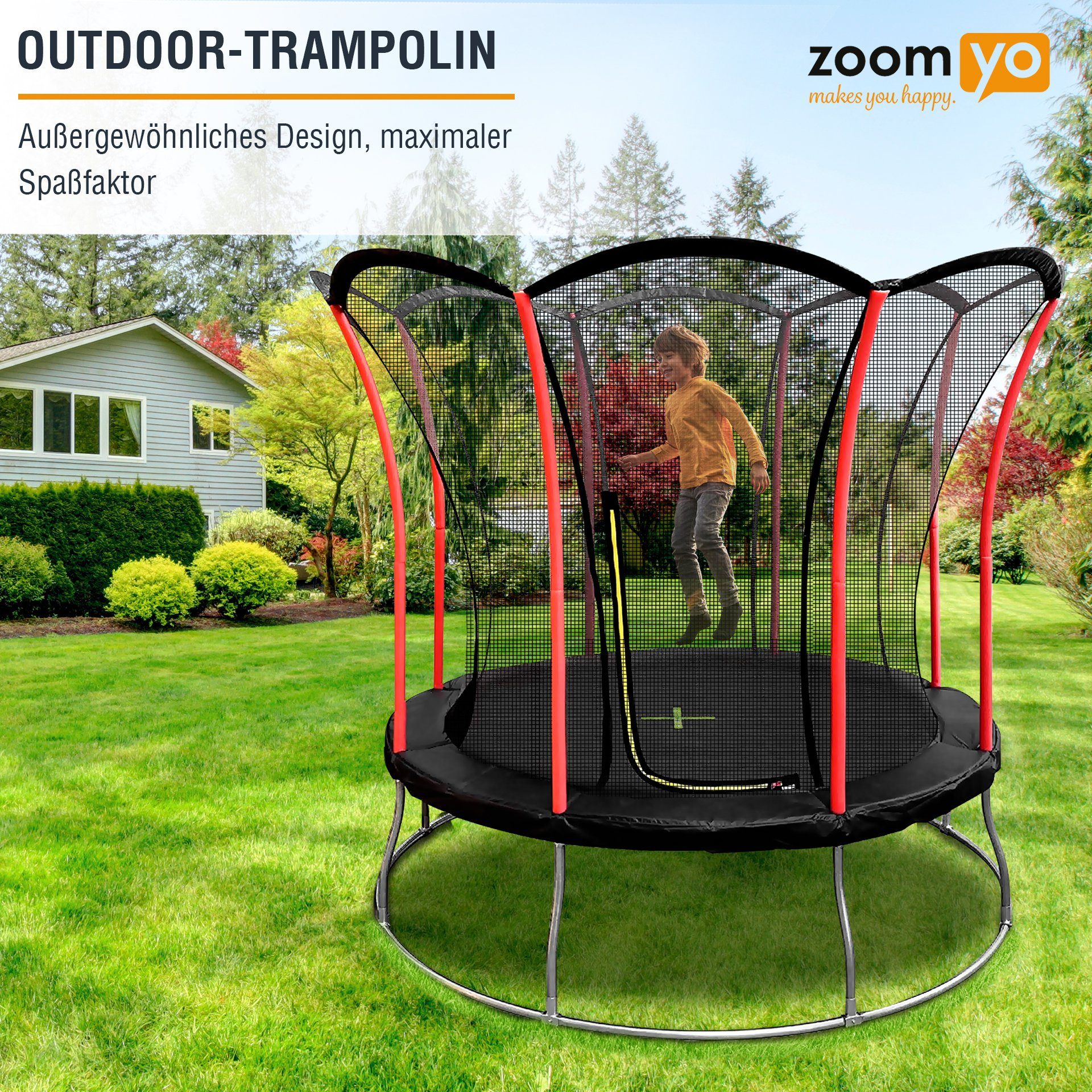 Zoomyo Gartentrampolin Garten-Trampolin Lotus, 4 Größen, rund, viele Sicherheitsfeatures, Ø 244 cm, Outdoor-Trampolin aus hochwertigen Materialien