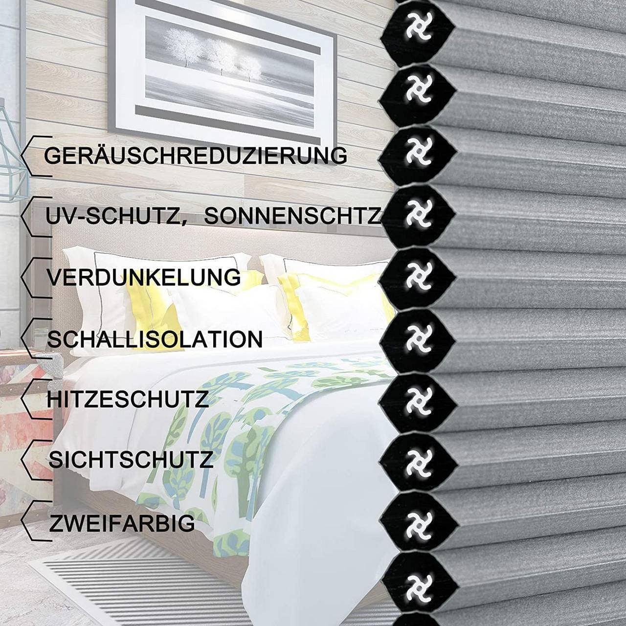 Plissee, Woltu, verdunkelnd, Klemmfix, verspannt, Wabenplissees ohne Bohren