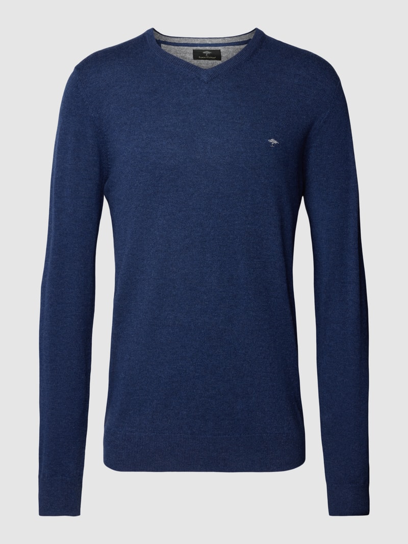Strickpullover mit Logo-Stitching in marineblau meliert