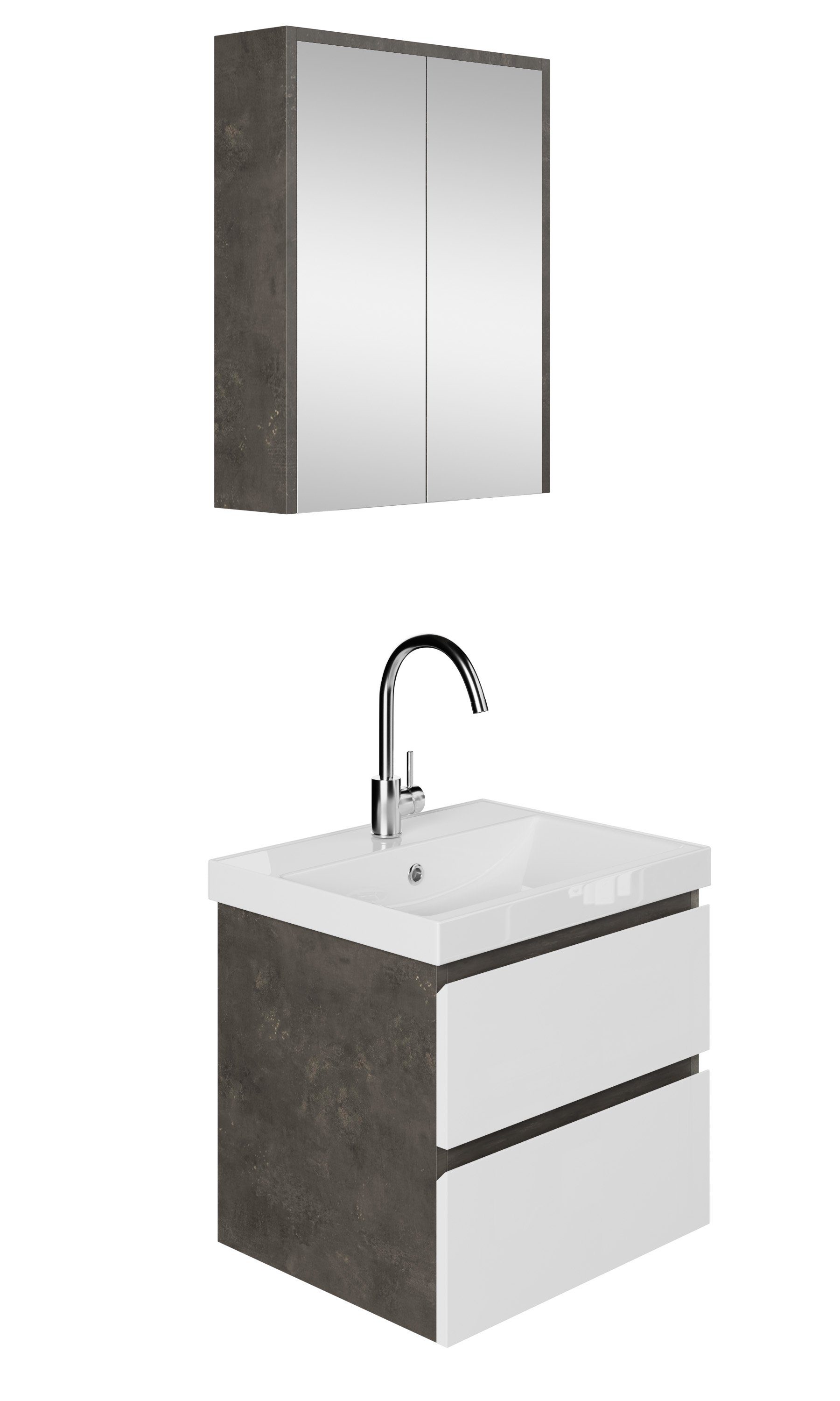 Karen Badezimmer-Set Beta, (Komplett-Set, 3-Teilig (Unterschrank, Spiegelschrank, Waschbecken), 3-St., Unterschrank mit Schubladen, Spiegelschrank mit Türen & Regalen), Retro Design, Softclose, Griffleisten