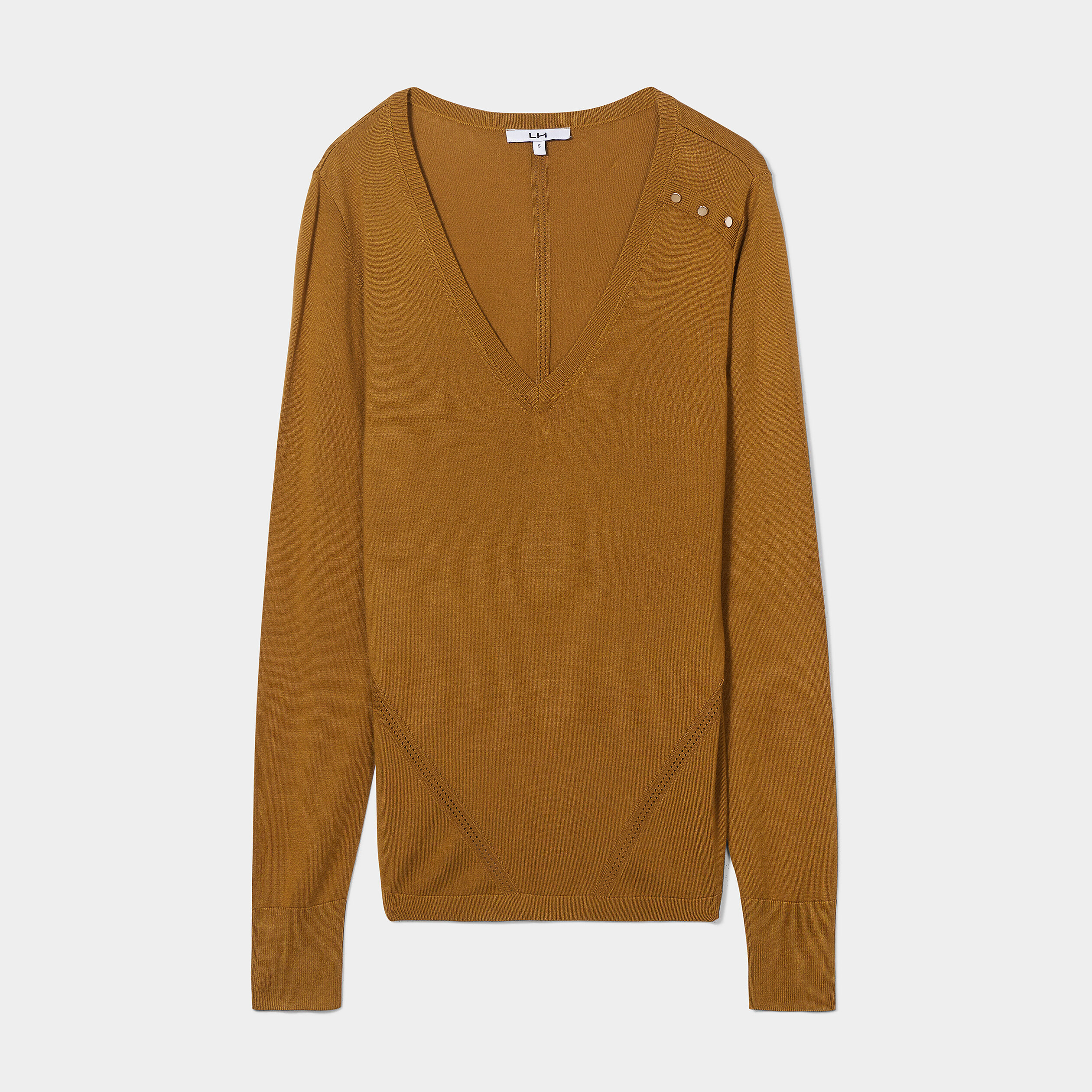 Pull col en V détails ajourés vert olive femme | La Halle