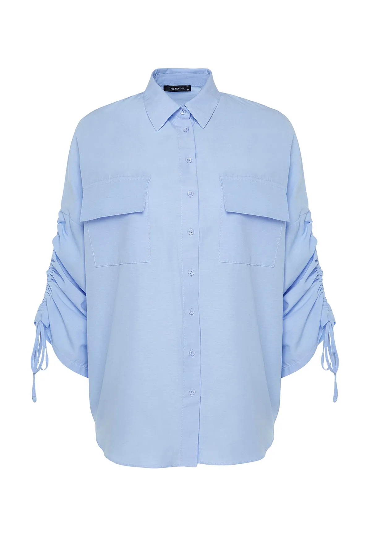 Trendyol Modest  Hellblaues Hemd aus gewebter Baumwolle mit verstellbaren Ärmeln und Kordelzug TCTSS23TG00011