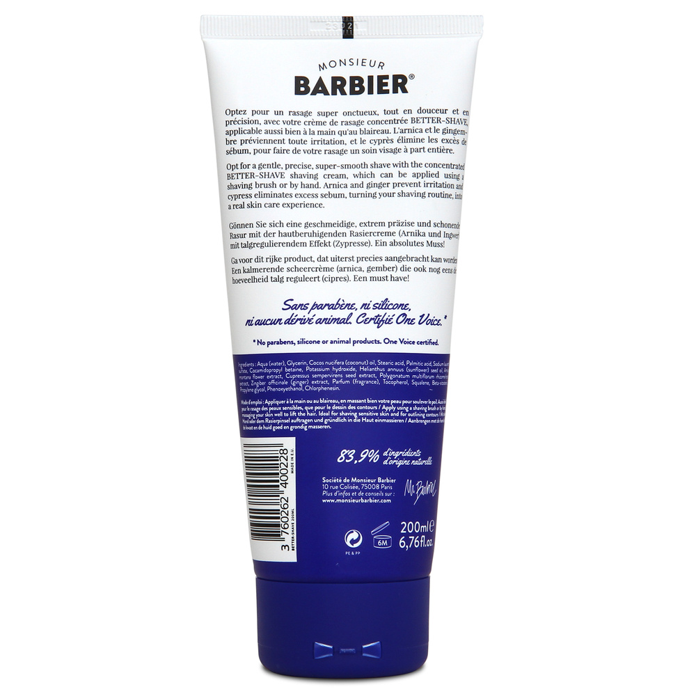 Monsieur Barbier Crème à raser - Better Shave Crème de Rasage Protectrice Anti-Irritations pour Hommes