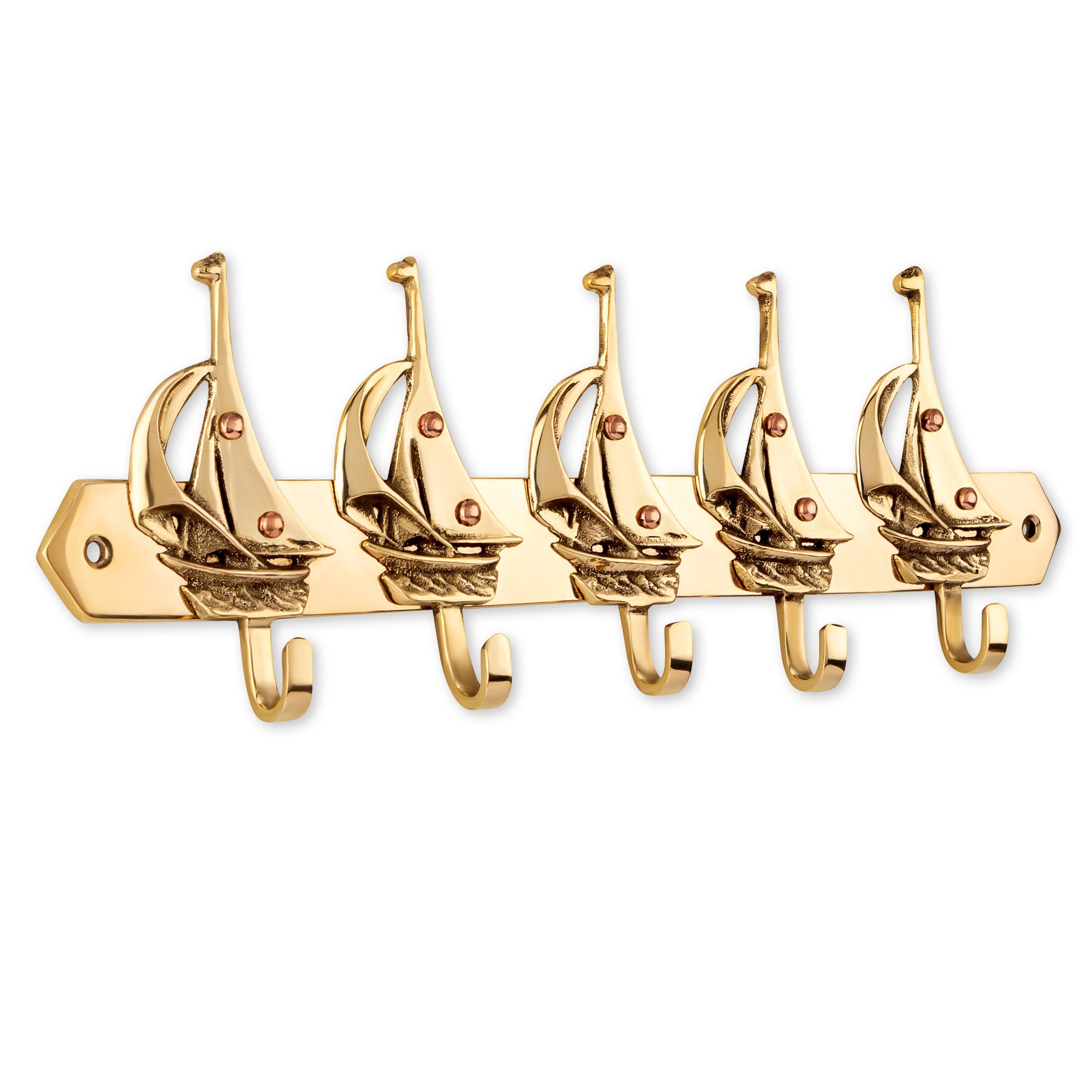 NKlaus Wandhaken Schlüsselhaken Segelbote 5-fach Messing gold 25 x 8 cm Maritim Schlüss, Schlüsselhaken, Handtuchhaken