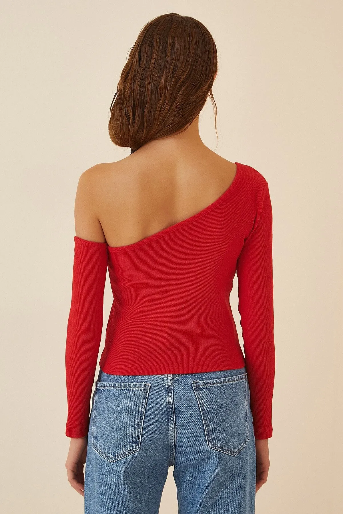 Happiness İstanbul  Rote Damen-Strickbluse aus Cord mit offenen Schultern TG00011