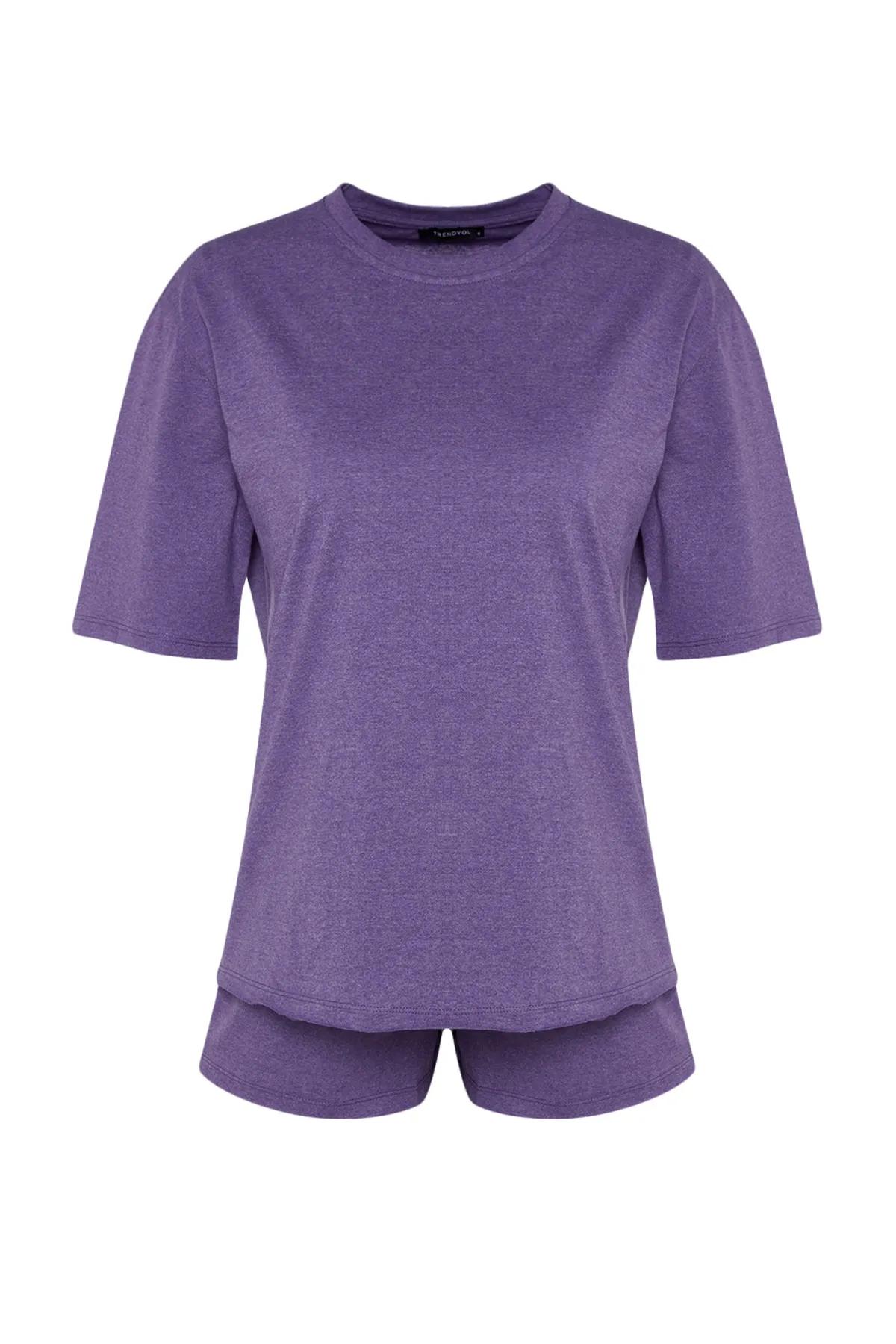 Trendyol Collection  Extraweites, gestricktes Pyjama-Set mit T-Shirt und Shorts aus lila Baumwolle THMSS21PT0164