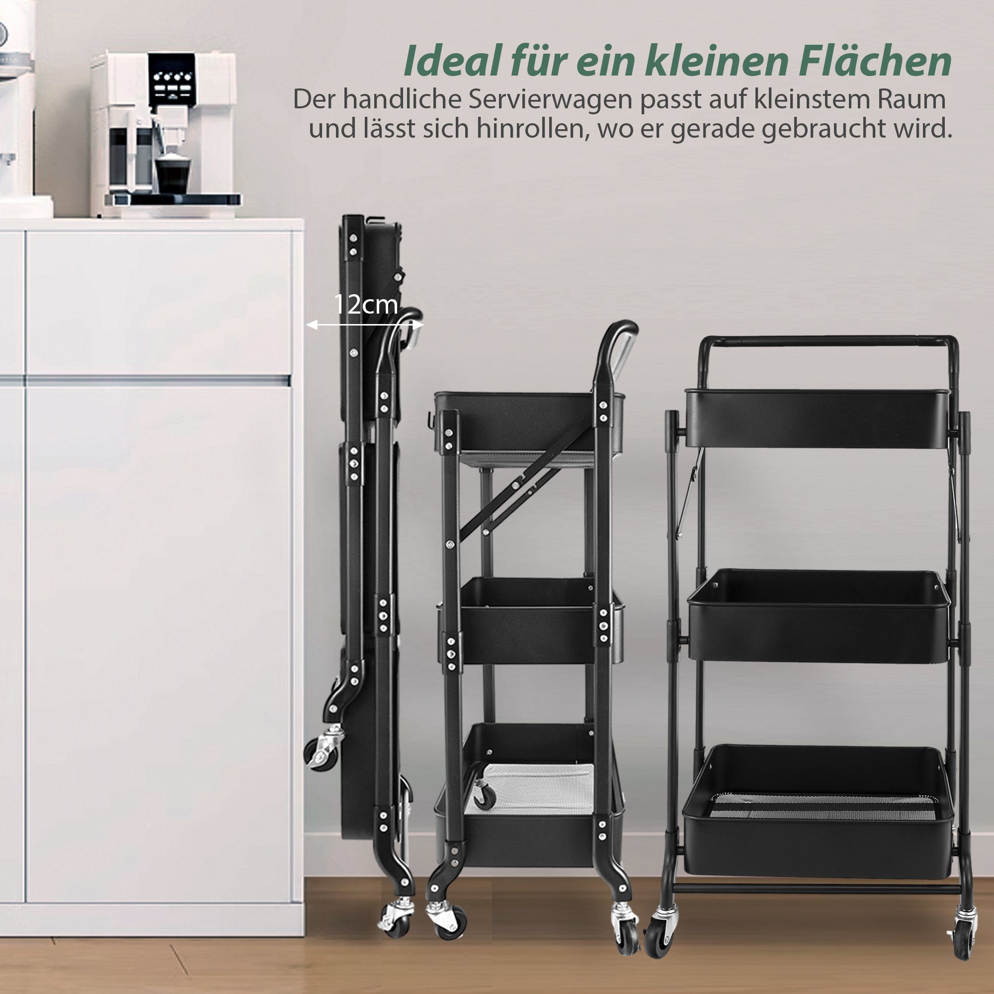 HomeGuru Beistellwagen 3 Etagen, klappbar Servierwagen, Metall-Stauraumwagen, Küchenwagen, (1 St., Packung)