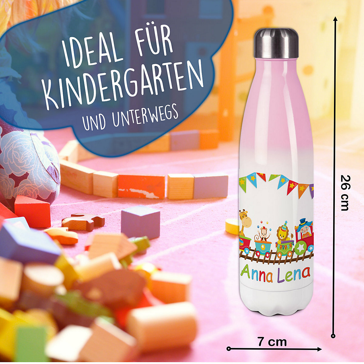 Edelstahl Kinder Thermoflasche / Trinkflasche bunt Zug Spülmaschinenfest, Auslaufsicher, Bruchfest, Doppelwandig, Für Heißgetränke geeignet, Mit Deckel, Isoliert