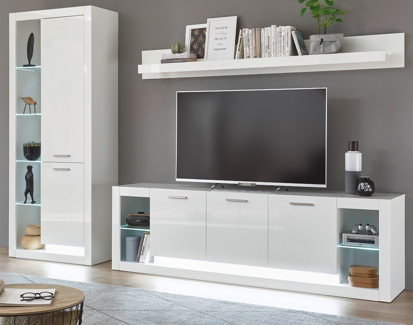 Furn.Design Wohnwand Ladis, (in weiß Hochglanz, Set 3-teilig, 298 x 198 cm), zeitlos elegantes Design