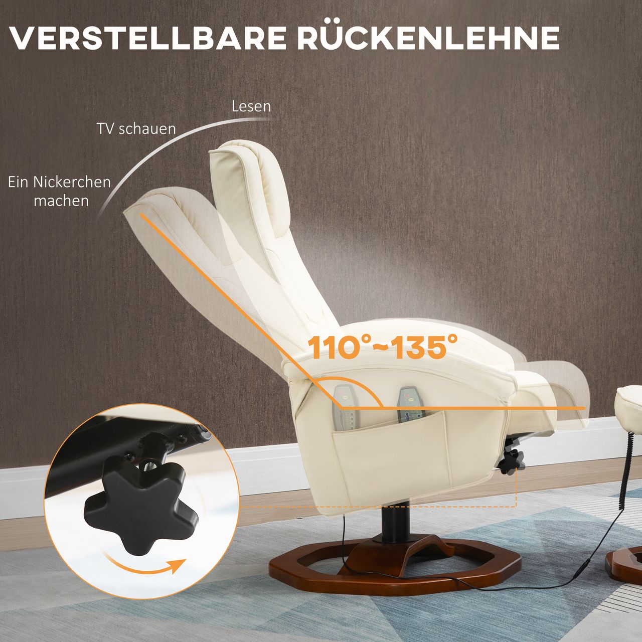 HOMCOM Massagesessel Relaxliege mit Fußhocker Relaxsessel Liegefunktion Fernsehsessel Liegesessel mit Massagefunktion 360° drehbar Kunstleder Stahl Cremeweiß Braun 73 x 83 x 106 cm