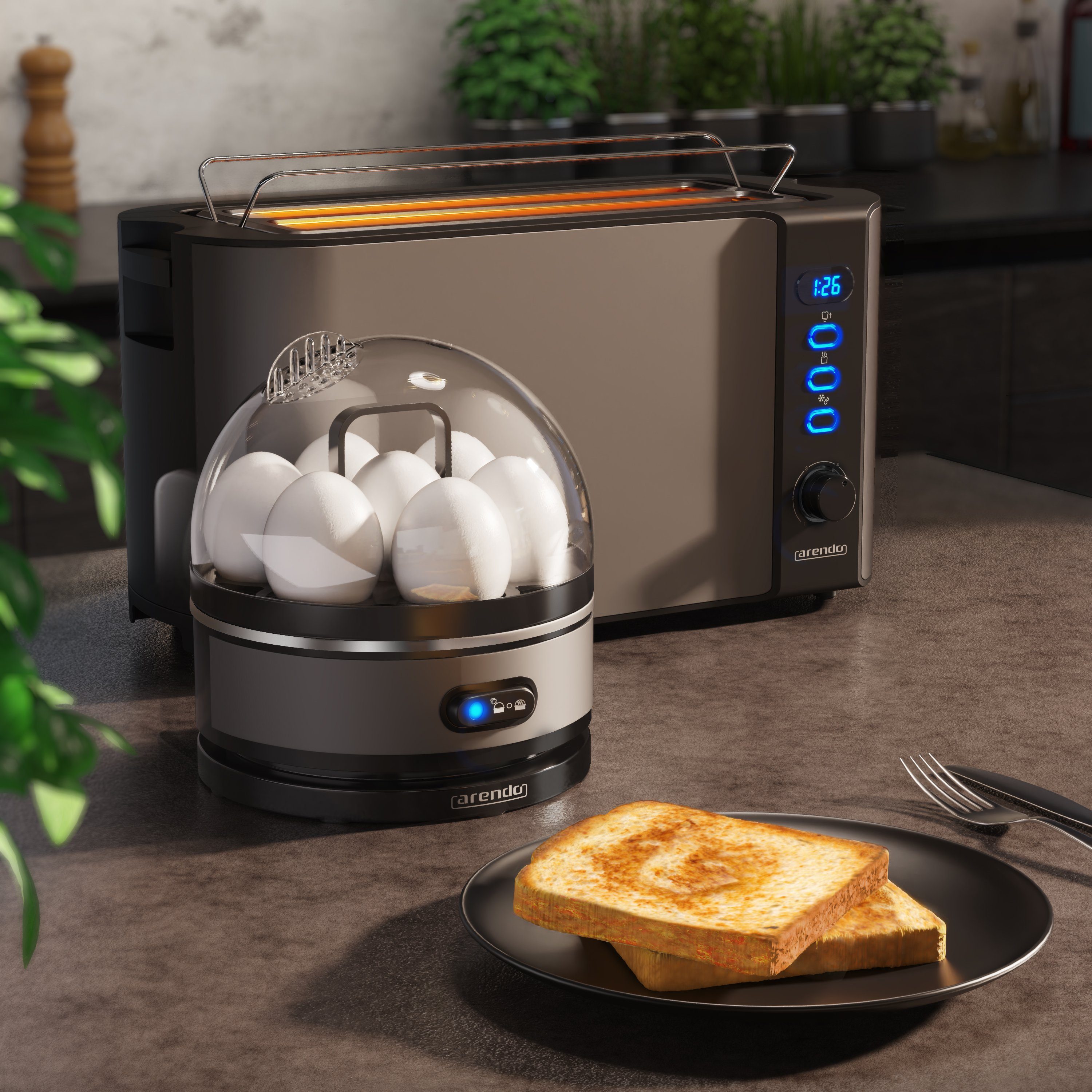 Arendo Frühstücks-Set (2-tlg), 4-Scheiben Langschlitz Toaster, 7er Eierkocher, Grau