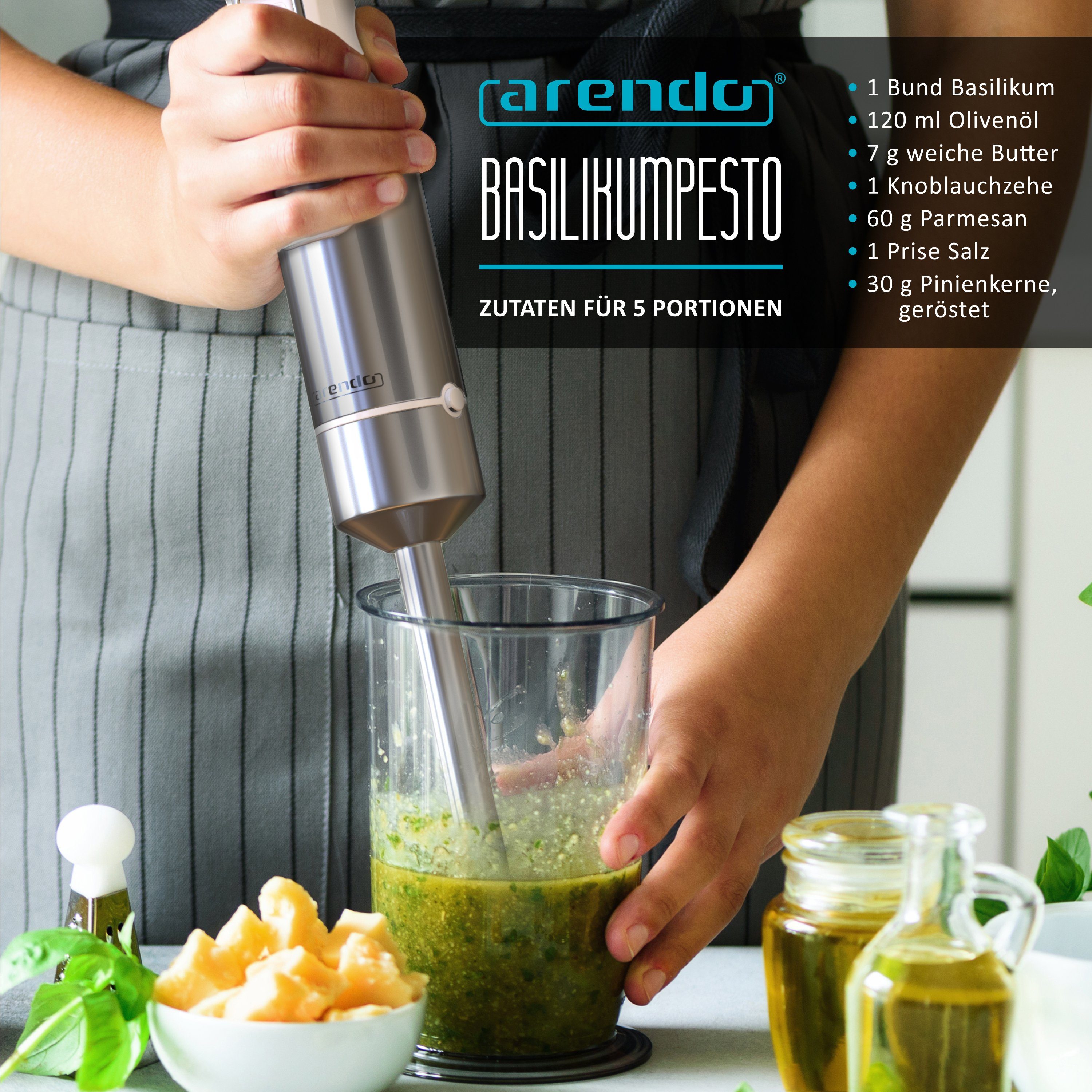 Arendo Stabmixer, 1000 W, Pürierstab Set mit Zerkleinerer & Messbecher, Edelstahl
