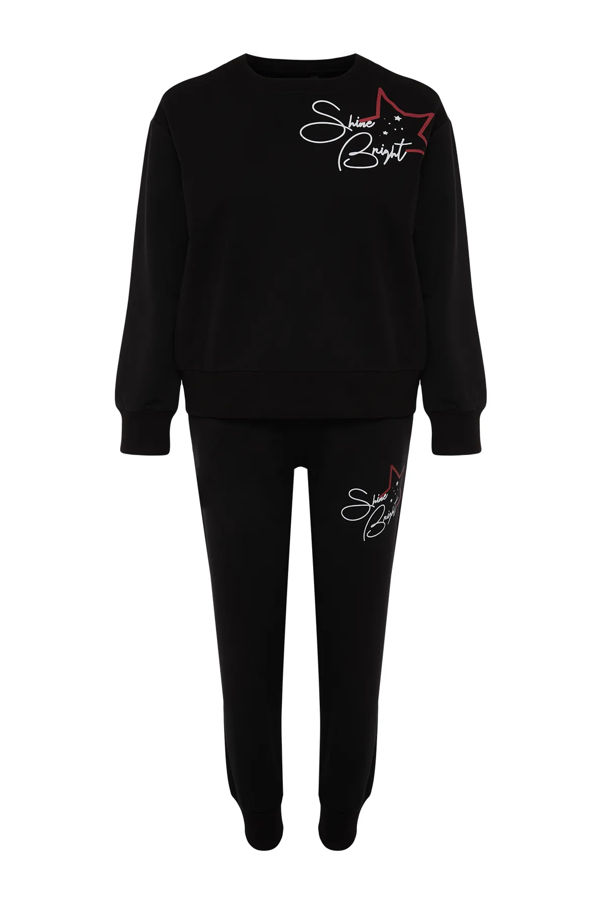 Trendyol Collection  Schwarzes Strick-Pyjama-Set mit Slogan- und Stern-Print THMAW24PT00314