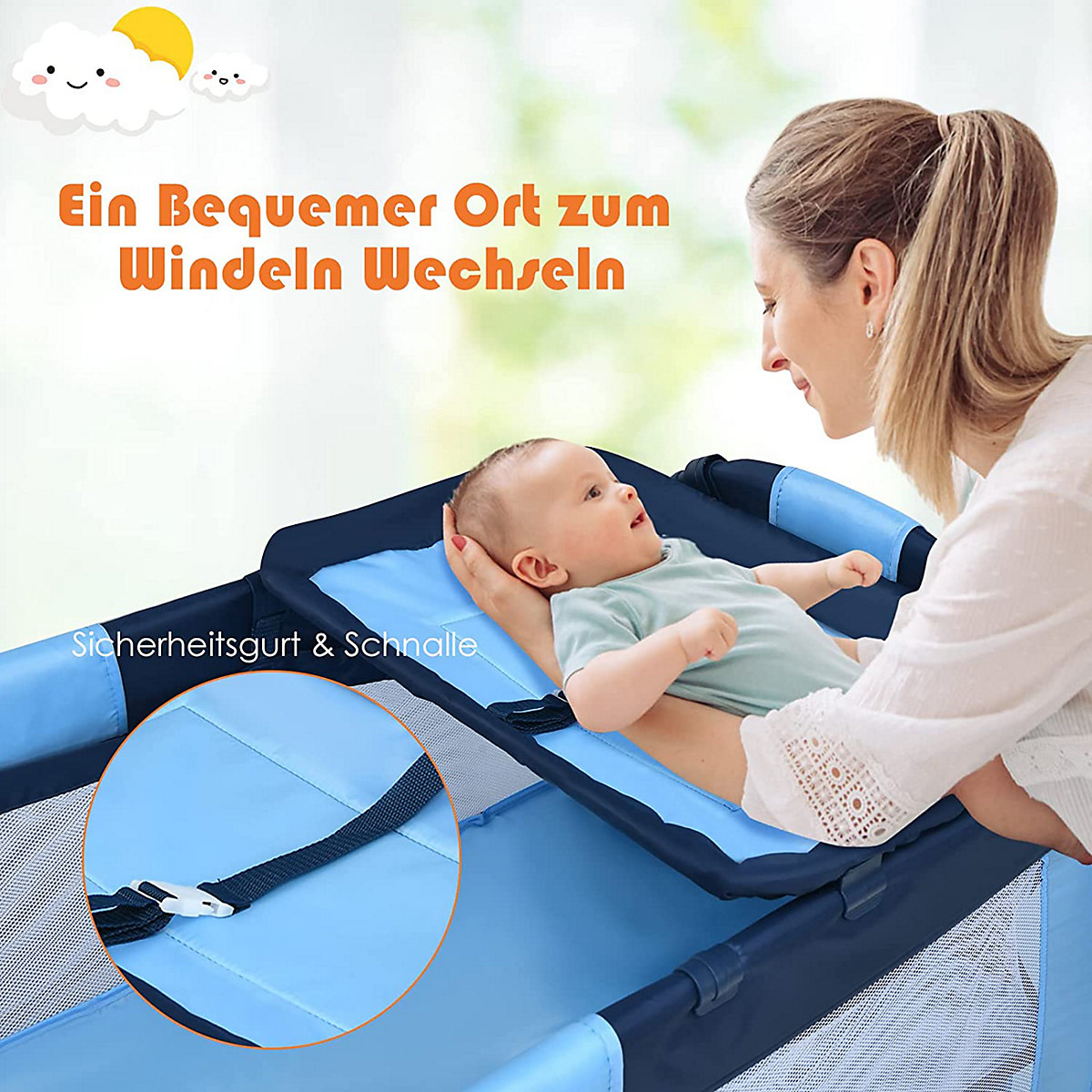 Reisebett mit Wickeltisch & Laufstall Elefantenmotiv