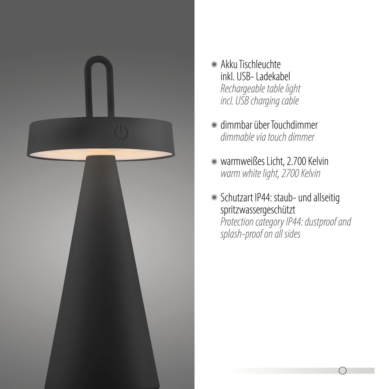 JUST LIGHT Akku Tischleuchte ALWA, 1x LED-Board/1,50Watt/2700Kelvin, IP44, Schwarz
