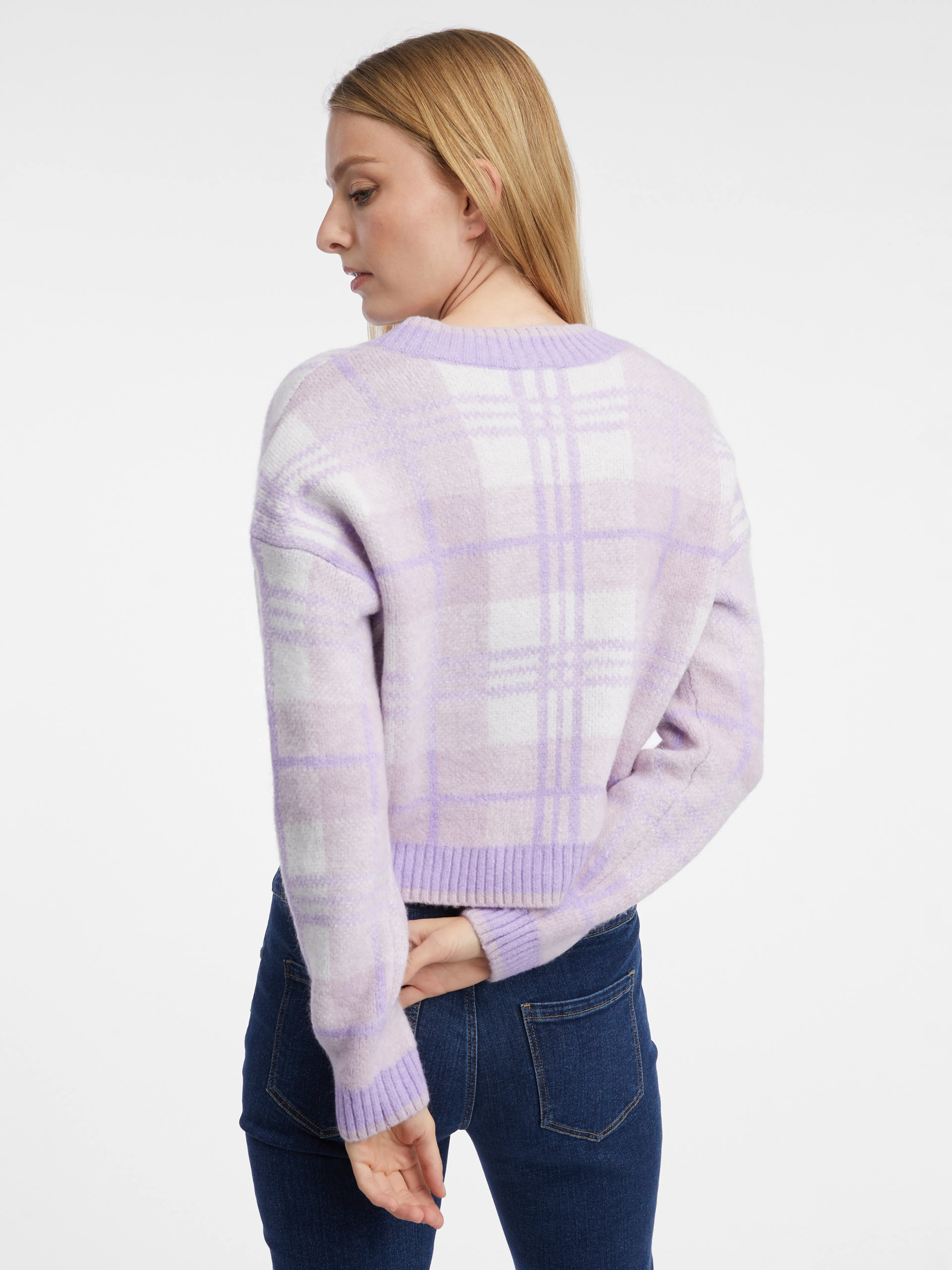 Hellviolette karierte Damen-Strickjacke ORSAY