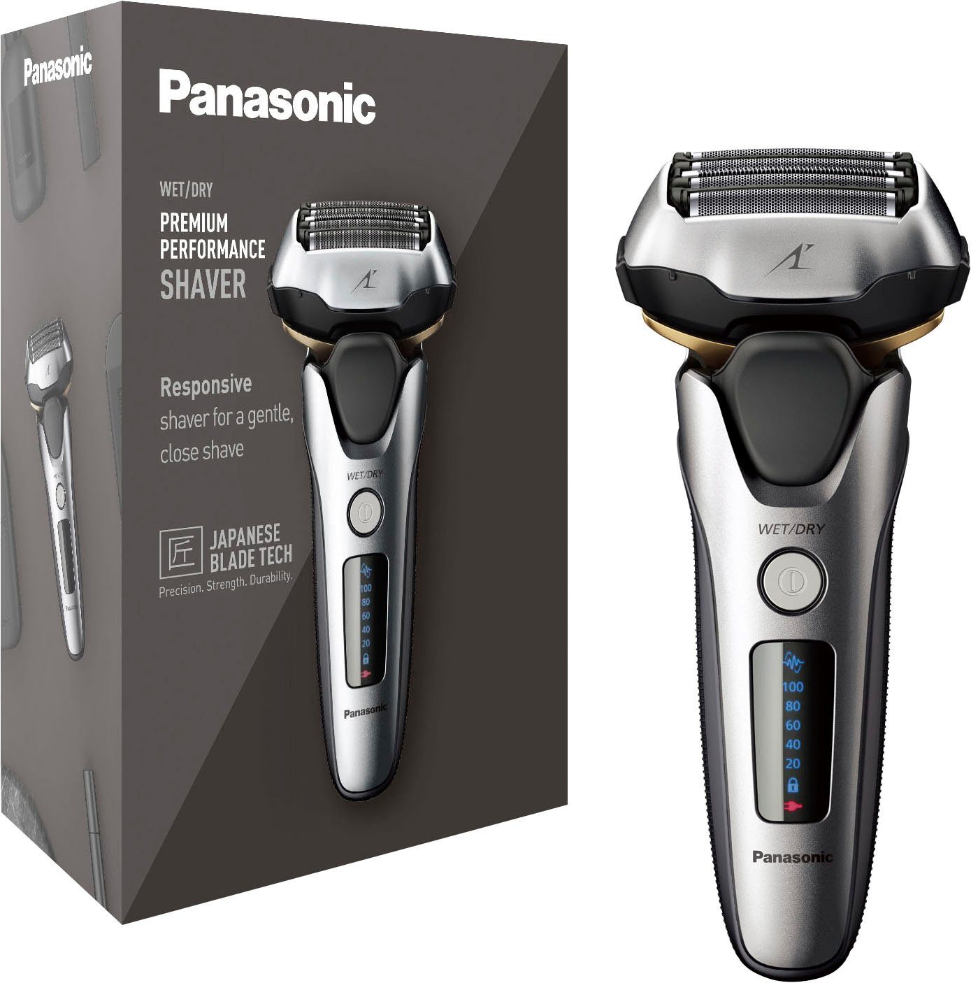 Panasonic Elektrorasierer ES-LV69-S803, ausklappbarer Langhaarschneider, 5-Klingen-Premium Nass-Trocken-Rasierer