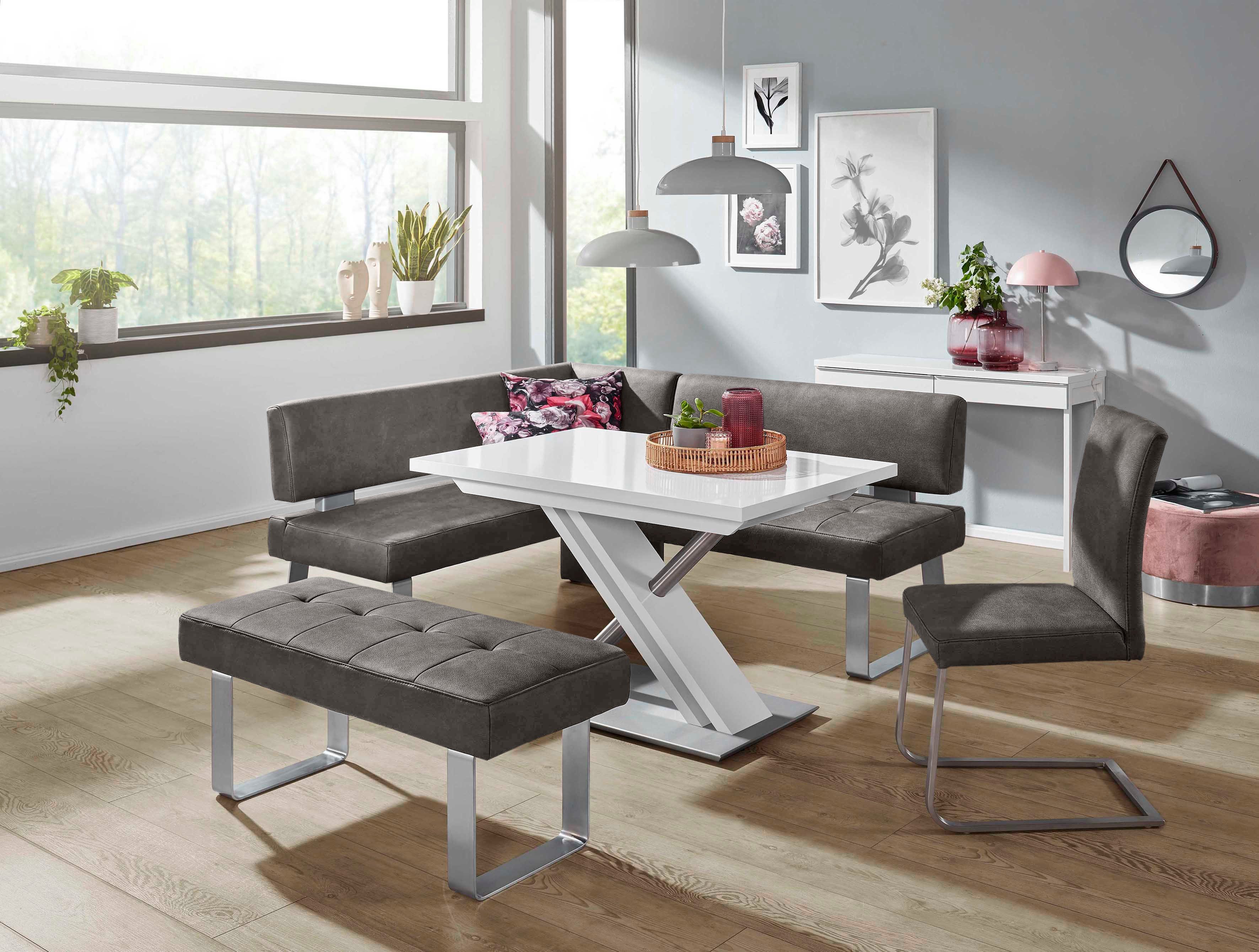 K+W Komfort & Wohnen Eckbankgruppe Santos II, (Set), Schenkel 180cm, Hockerbank, Freischwinger und Funktionstisch 120x80x75