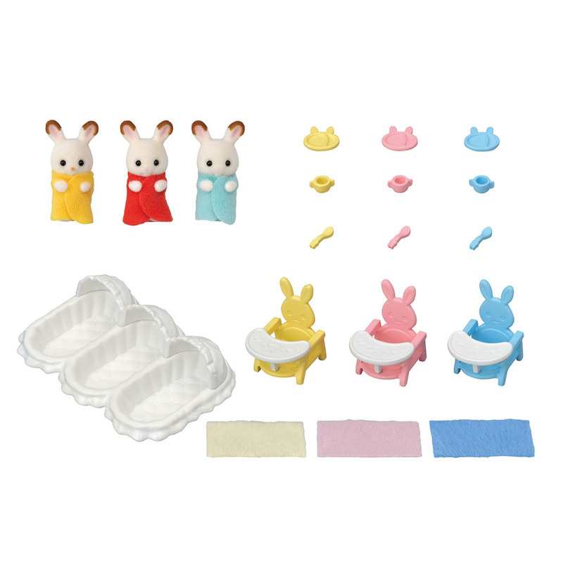 5532 Les triplés lapin chocolat et accessoires puériculture Sylvanian