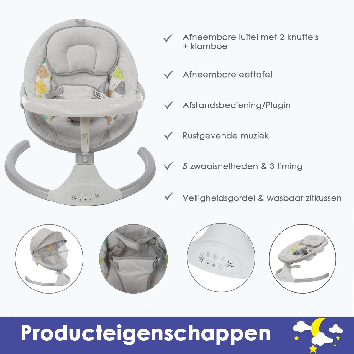 Insma Babyschaukel elektrische Babywippe 5 Gänge, mit Esstisch, bluetooth Musik, Moskitonetz und Spielzeug, max. 9kg