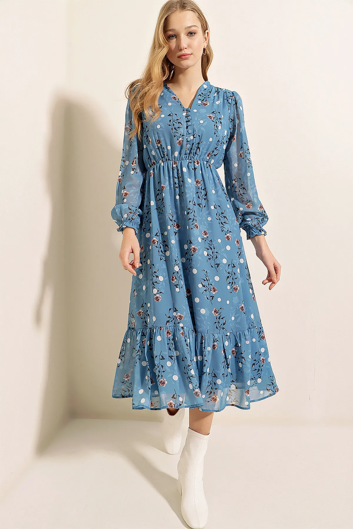 Bigdart  2137 Gemustertes Chiffonkleid – Blau