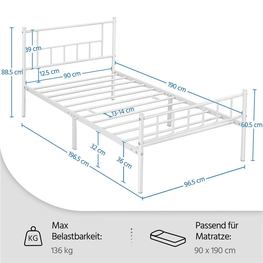 Yaheetech Metallbett, Bettrahmen mit Hohem Kopfteil, Einzelbett Bettgestell mit Lattenrost