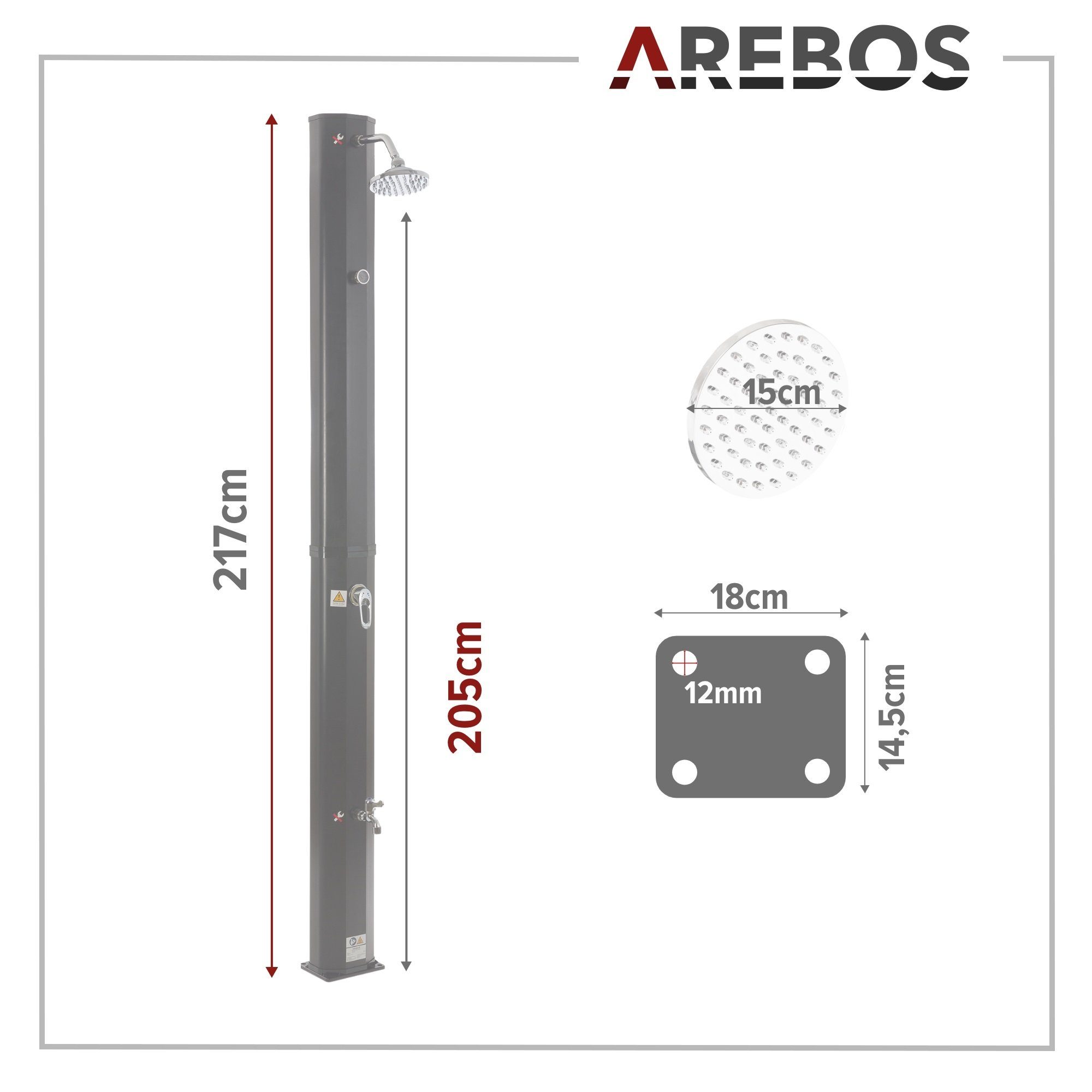 Arebos Solardusche 35L & Bodenelement, Pooldusche für den Garten, Inkl. Abdeckhaube (Set, Solardusche + Bodenelement + Inkl. Abdeckhaube)