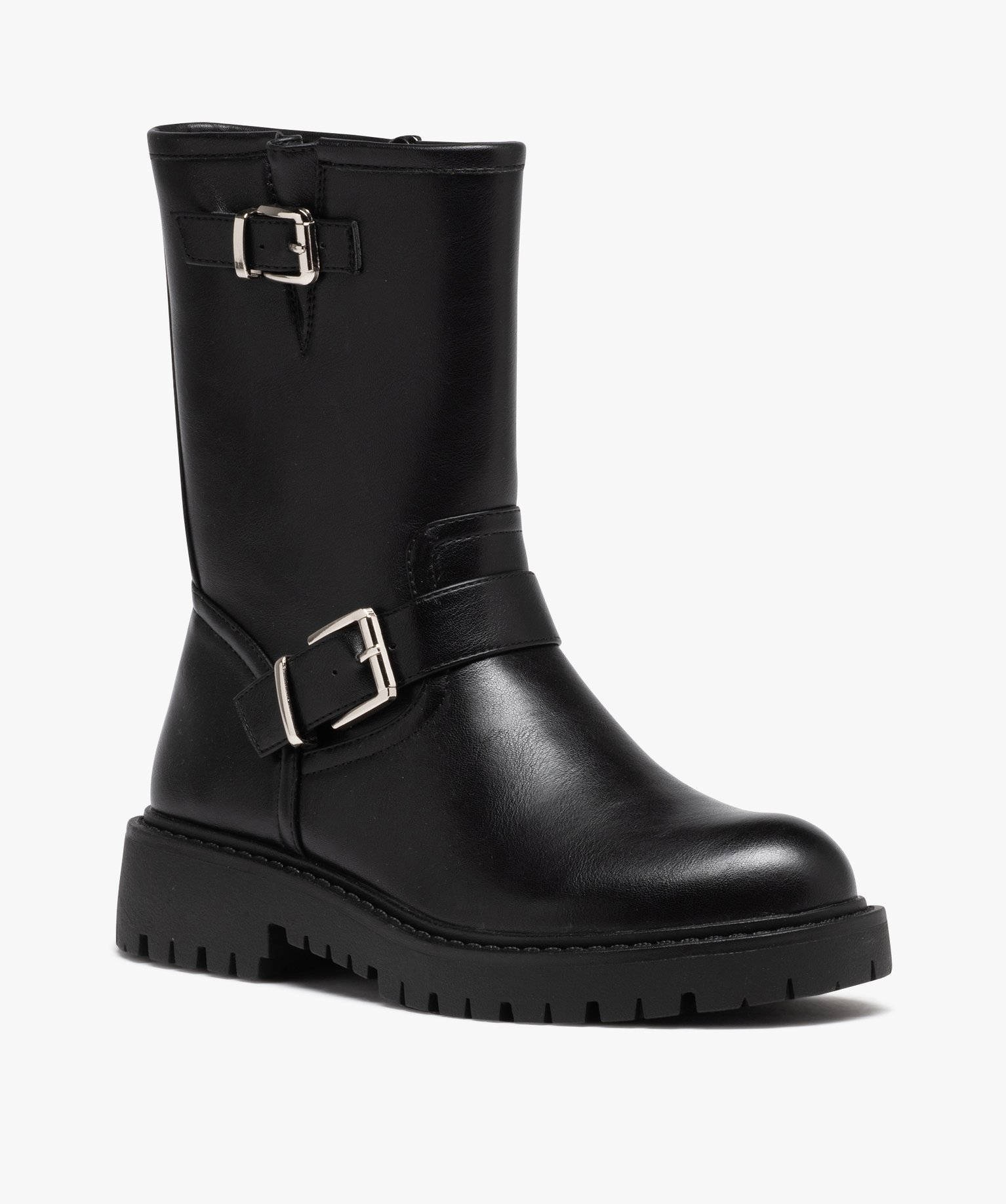 Boots femme unies avec brides à boucle et semelle crantée noir | GEMO