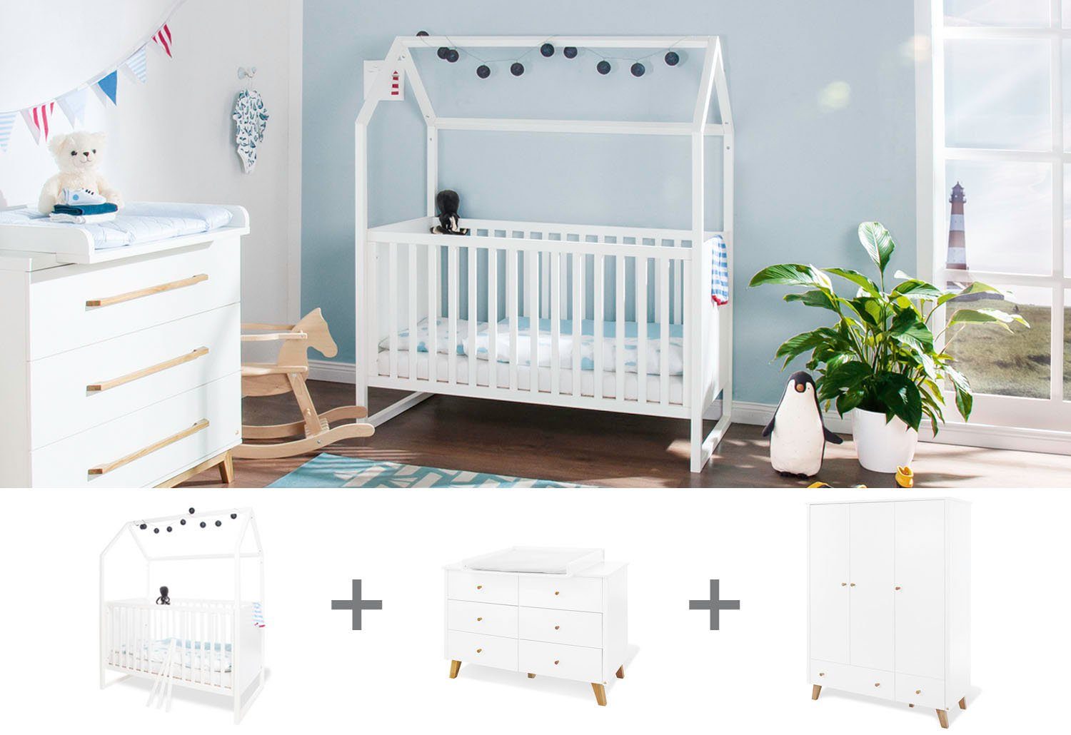 Pinolino® Babyzimmer-Komplettset Hilda & Pan, (Set, 3-St., Hausbett, Wickelkommode, Kleiderschrank), extrabreit groß; mit Hausbett, Wickelkommode & 3-trg. Kleiderschrank
