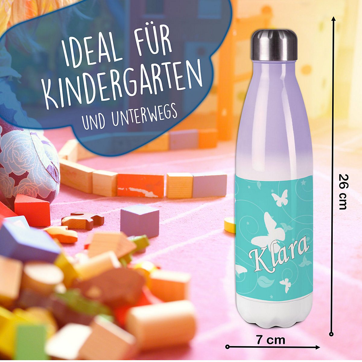 Edelstahl Kinder Thermoflasche / Trinkflasche bunt Schmetterling Ornamente Farbe türkis Spülmaschinenfest, Auslaufsicher, Bruchfest, Doppelwandig, Für Heißgetränke geeignet, Mit Deckel, Isoliert