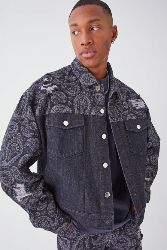 Kastige gespleißte Jeansjacke mit Paisley-Print