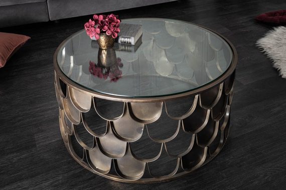 riess-ambiente Couchtisch ABSTRACT Ø60cm transparent / antik Messing (Einzelartikel, 1-St), Wohnzimmer · rund · Glas · Metall · Industrial · Fischschuppen Design
