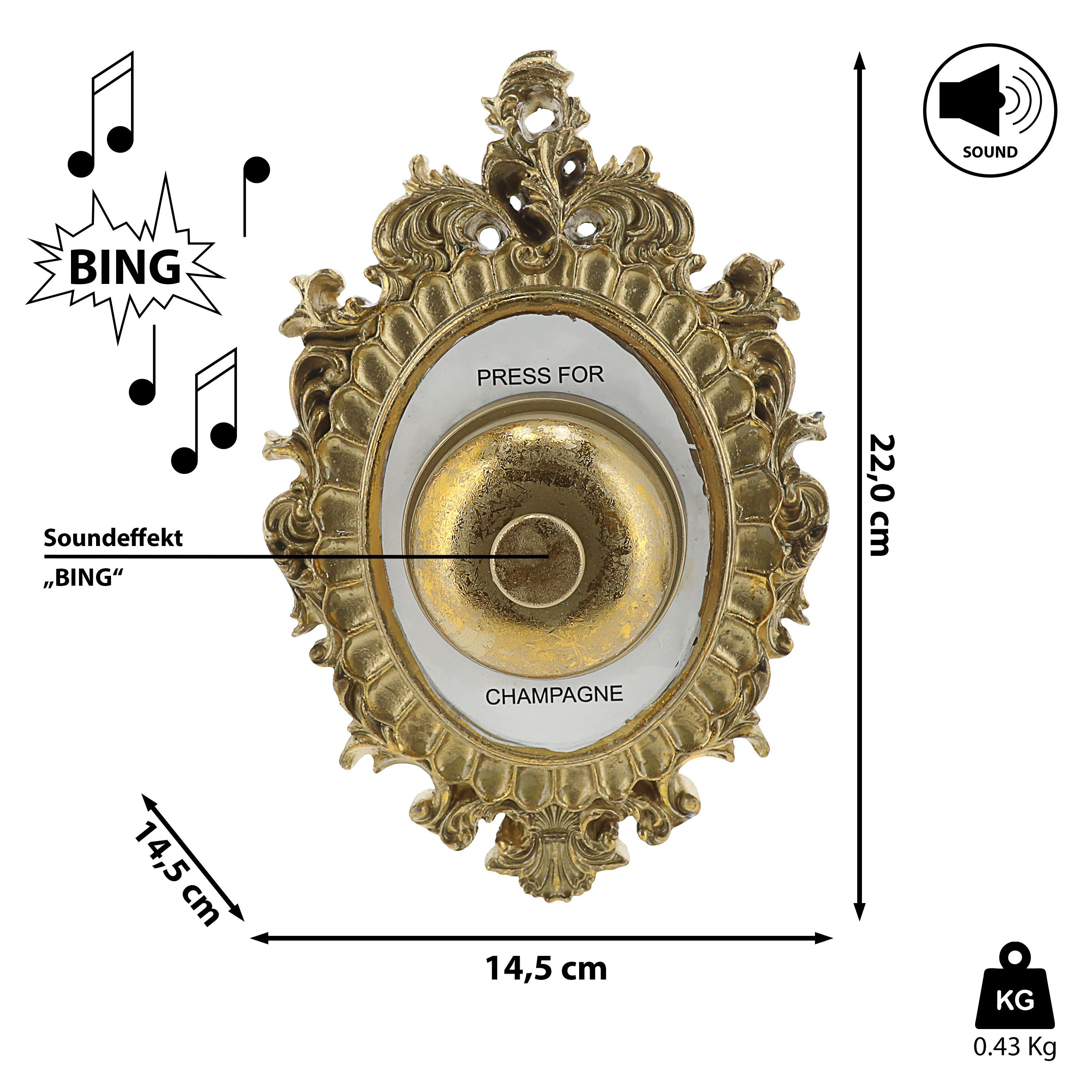 CEPEWA Türklingel Klingel 'Press for Champagne' 14,5x22x14,5cm Eisen gold Glocke