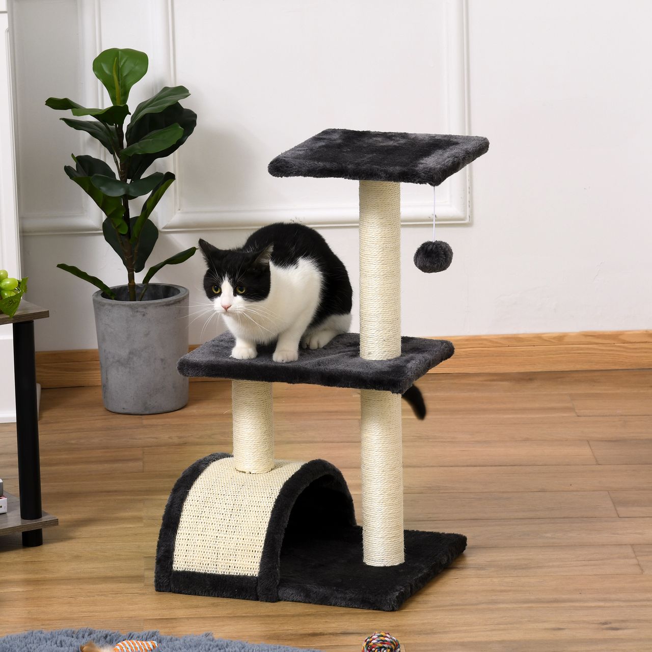 PawHut Kratzbaum mit Kratzbrett Katzenbaum Kletterbaum für Katzen E1 MDF Sisal Plüsch Dunkelgrau 40 x 35 x 72 cm